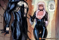 1boy 1girl ai_generated big_breasts black_bodysuit black_cat_(marvel) bodysuit breasts choker claws cleavage clothed clothing dialogue domino_mask duo english_text felicia_hardy female fur_trim hair large_breasts long_hair male male/female marvel mask patreon_username skin_tight skinsuit smile speech_bubble spider-man_(series) superhero sweat text thigh_gap tight_clothing venom_(marvel) western_comics_(style) white_hair