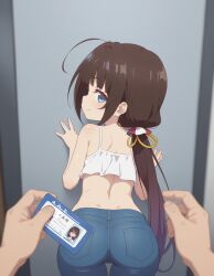 ai_generated blue_eyes blue_jeans brown_hair bubble_butt crop_top flat_chest focus_on_ass grabbing_from_behind heavenly_ass hinatsuru_ai id_card offering_self perfect_ass petite_ass sexy_pose slim_waist slutty_body slutty_female