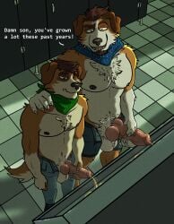 2026 absurd_res age_difference animal_genitalia animal_penis anthro anthro_on_anthro areola arm_around_shoulders ball_size_difference balls bathroom beard belly biceps big_balls big_knot big_penis bodily_fluids bottomwear canid canine canine_genitalia canine_penis canis claws clothed clothing compliment dark denim denim_bottomwear denim_clothing dialogue domestic_dog duo english_text erection eyebrows facial_hair father_(lore) father_and_child_(lore) father_and_son_(lore) frown fur genital_fluids genitals hair hand_on_shoulder hi_res high-angle_view hyenainfected incest_(lore) inside jeans kerchief knot looking_at_another looking_at_genitalia looking_at_penis male male/male mammal mature_anthro mature_male muscular muscular_anthro muscular_male narrowed_eyes navel neckerchief neckwear nipple_piercing nipples one_eye_closed pants parent_(lore) parent_and_child_(lore) parent_and_son_(lore) partially_clothed pecs peeing peeing_while_erect penis penis_size_difference piercing profanity public_restroom sheath shorts size_difference smile son_(lore) standing stated_incest talking_to_another text thick_penis toilet_use topless topless_anthro topless_male tuft unzipped urinal urine urine_stream vein watersports zipper