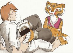 1boy 1girls anthro blush brown_hair closed_eyes clothed daigaijin dreamworks female footjob fur furry human interspecies kung_fu_panda kung_fu_panda_(movie) kung_fu_panda_2 licking_lips male male_human/female_anthro master_tigress open_mouth paramount_pictures pawjob paws penis penis_out red_eyes short_hair straight sweat tail tiger toes tongue tongue_out wet