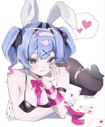 1girl 1girls blue_hair blushing blushing_at_viewer bunny_ears bunny_girl bunnysuit card cards female female_only hatsune_miku heart heart_symbol legwear looking_at_viewer panties pantyhose pink_hair rabbit_ears rabbit_girl rabbit_hole_(vocaloid) rabbit_tail ribbon ribbon_bondage text_bubble tongue_out