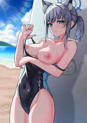 1girl absurdres animal_ear_fluff animal_ears bare_shoulders beach black_one-piece_swimsuit blue_archive blue_eyes blue_sky blurry blush breasts breasts_out bright_pupils closed_mouth clothes_pull cloud collarbone commentary_request competition_swimsuit covered_navel cowboy_shot cross cross_hair_ornament day extra_ears grey_hair hair_ornament halo highleg highres inverted_cross large_breasts lens_flare looking_at_viewer low_ponytail medium_breasts medium_hair mismatched_pupils multicolored_swimsuit nipples ocean official_alternate_costume one-piece_swimsuit one-piece_swimsuit_pull outdoors ponytail pulling_own_clothes shiroko_(blue_archive) shiroko_(swimsuit)_(blue_archive) sky solo standing swimsuit wet wet_clothes wet_swimsuit wolf_ears yuito_(yuitokobunasbs0)