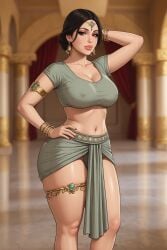 1girls ai_generated archway armlet asian_architecture bangle belly_button black_hair black_outline blouse blurry_background cleavage curtains dancer dancer_outfit earrings eyelashes female female_only forehead_jewel gemini hair_strand hand_on_hip indian indian_female knees light-skinned_female looking_at_viewer mature_female medium_breasts midriff narrow_waist nipple_outline one_arm_behind_head one_hand_on_hip palace pillar red_pupils rgomez007 seductive_look self_upload skirt slight_smile solo_female stable_diffusion standing thick_eyelashes thick_lips thick_thighs thighlet tied_hair traditional_clothes updo warm_colors warm_lighting wide_hips