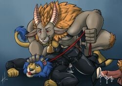 2018 abs absurd_res after_anal anthro anthro_on_anthro arm_tuft ball_gag balls bell black_harness black_latex blue_eyes blue_mane bodily_fluids bovid caprine chastity_cage chastity_device clothing cum cum_on_ground dated duo elbow_tuft erection felid fur gag gagged genital_fluids genitals goat grey_body grey_fur harness hi_res horn hufnaar humanoid_genitalia humanoid_penis latex latex_clothing latex_skinsuit leash lion lying male male/male male_dominating_male mammal mane on_front one_eye_closed pantherine pecs penis pubes red_eyes red_gag red_horn red_leash skinsuit striped_horn stripes tail tail_tuft tight_clothing tuft wearing_chastity_cage wearing_chastity_device white_horn yellow_body yellow_fur