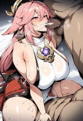 1girl 2boys ai_generated animal_ears bangs bare_shoulders blush breasts clothed_female_nude_male clothed_sex clothing cowgirl_position cum cum_in_mouth dark-skinned_male dark_skin double_penetration earrings fellatio female fox_ears genshin_impact girl_on_top group_sex hair_between_eyes hair_ornament heart-shaped_pupils hetero huge_breasts japanese_clothes jewelry large_breasts long_hair male male_pubic_hair mmf_threesome multiple_boys novart01 nude oral penis pink_hair pubic_hair purple_eyes sex sideboob sidelocks skirt sleeveless solo_focus spitroast straddling sweat symbol-shaped_pupils testicles thick_thighs thighs threesome vaginal very_long_hair yae_miko yae_miko_(genshin_impact)