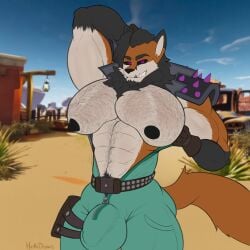absurd_res anthro big_bulge big_muscles big_pecs body_hair bulge canid canine dark_nipples epic_games fortnite fox heikidraws hi_res huge_pecs male male_only mammal muscular pecs solo tusks