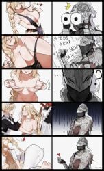 2boys armor big_breasts blonde blonde_hair busty cleavage cosplay elden_ring fake_breasts femboy feminine_male flat_chest fromsoftware golden_hair gu599 huge_breasts large_breasts light_skin male male_only malenia_blade_of_miquella meme miquella miquella_the_kind needle_knight_leda queen_marika_the_eternal_(cosplay) shadow_of_the_erdtree tarnished trap