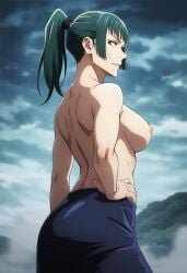 accurate_art_style accurate_body_type ai_generated anime_style big_breasts green_hair jujutsu_kaisen ponytail side_view sideboob tits tits_out topless topless_female zenin_maki