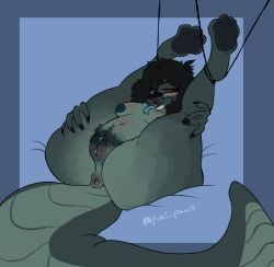 anthro belly big_belly big_tail blue_nipples blue_tongue blue_vulva bound female flexible genitals hi_res legs_tied miravelle_(phantanyl) nipples pubes puki_paws python red_sclera reptile scalie snake solo tail thick_thighs tongue vulva