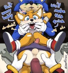 3boys absurd_res anthro balls bandage blush bodily_fluids canid canine clothed clothing conditional_dnp dialogue dominant dominant_male drooling erection eulipotyphlan finger_in_mouth first_person_view footwear foreskin fox fur furry furry_male furry_only gay gay_sex genital_fluids genitals gloves group group_sex hand_on_butt hands_in_mouth handwear hedgehog hi_res inside interspecies lying male male/male mammal mawplay miles_prower nervous on_back open_mouth partially_clothed penetration penis precum saliva sega sex shaded shadow_the_hedgehog shaking shallow_penetration shoes singafurian smile sonic_(series) sonic_the_hedgehog sonic_the_hedgehog_(series) spread_legs spreading submissive submissive_male symmetrical_pose tails_the_fox talking_to_another teeth threesome tongue tongue_out trembling trio underwear underwear_down wide_eyed workbench young