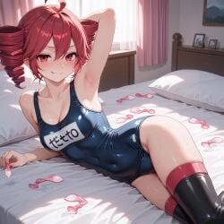 1girls ai_generated armpit_fetish armpits asukasslave bed bedroom cleavage condom cuckold cuckold_pov femdom holding_used_condom kasane_teto laying_on_bed netorare netorase school_swimsuit smirk solo stockings sweat used_condom