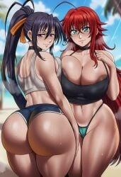 2girls ai_generated akeno_himejima areolae ass ass_focus beach beach_background big_ass big_breasts bikini_bottom breast-to-breast breasts breasts_focus bubble_butt dat_ass duo female female_only high_school_dxd huge_ass huge_breasts light-skinned_female long_hair looking_at_viewer multiple_girls ponytail red_hair redhead redhead_female rias_gremory side-by-side sweaty sweaty_ass sweaty_breasts take_your_pick tank_top tits tits_focus yuri