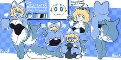 back_view butt_view front_view hugging oni_chuu onsie oversized_hoodie pattern_body reference_sheet shark_humanoid shark_tail sleeveless sweater waving_hand