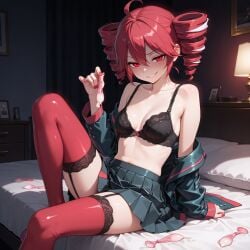 1girls ai_generated armpit_fetish armpits asukasslave bed bedroom bra cleavage condom cuckold cuckold_pov femdom holding_used_condom kasane_teto netorare netorase sitting skirt smirk solo stockings sweat used_condom