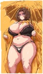 1girl belly black_lingerie breasts chubby chubby_female coat curvy female holding_umbrella huge_breasts limbus_company lingerie littleteze plump project_moon rodion_(limbus_company) solo thick_thighs tummy voluptuous wide_hips