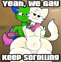 2boys :3 anal_penetration ballsack blurry_background blush boykisser boykisser_(meme) brainrot bubble_butt cat_ears couple crossover curvy dont_touch_my_pizza_guy english english_text fangs femboy fluffy_tail furry furry_male furry_only furry_tail furu_flami gay gay_sex girly_boy glock green_fur gun guns happy huge_ass hugging kevin_(nyanwolf) male meme meme_caption meme_reference middle_finger multicolored_fur nyanwolf silly silly_cat_(mauzymice) standing staring_at_viewer stockings sweat talking_to_viewer thick_ass thick_thighs white_fur wolf_ears