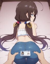 ai_generated blue_eyes blue_jeans brown_hair bubble_butt crop_top flat_chest focus_on_ass grabbing_from_behind heavenly_ass hinatsuru_ai id_card offering_self perfect_ass petite_ass sexy_pose slim_waist slutty_body slutty_female