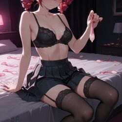 1girls ai_generated armpit_fetish armpits asukasslave bed bedroom bra cleavage condom cuckold cuckold_pov femdom holding_used_condom kasane_teto netorare netorase sitting skirt smirk solo stockings sweat used_condom