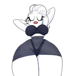 arms_up bra breasts eyes_closed hands_behind_head large_breasts navel original original_character panties piercing red_lipstick skirt slim_waist tagme thick_thighs vanillasketchy viewed_from_below voluptuous white_background white_body white_hair wide_hips