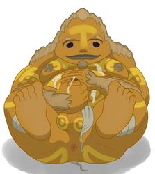 1boy anus ass bandage bandages belly cum cum_on_self fat_man foreskin goron male male_only masturbation monkeysuit nipples nude on_back overweight penis purple_eyes solo testicles the_legend_of_zelda twilight_princess white_background