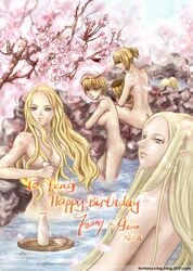 ass blonde_hair clare_(claymore) claymore female irene_(claymore) large_breasts long_ears looking_at_viewer multiple_girls nude pale-skinned_female pale_skin short_hair silver_hair small_breasts tagme teresa_(claymore) water