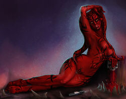 1girls aftersex alien armandox armpits blood darth_talon lightsaber looking_at_viewer red_skin sith skull small_breasts solo star_wars star_wars:_legacy tattoo twi'lek wet_pussy