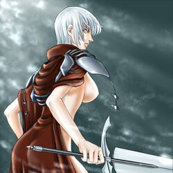 ass breasts brown_cape cape claymore female female_only jean_(claymore) looking_at_viewer medium_breasts nude short_hair silver_eyes silver_hair sword tagme