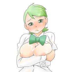 1:1 beige_skin blush bowtie breasts cilan_(pokemon) closed_mouth clothes color cum cum_on_breasts female female_only front_view frown green_eyes green_hair hair human looking_at_viewer mei_(mochimon) open_clothes open_eyes pokemon pokemon_bw round_ears rule_63 short_hair solo white_background