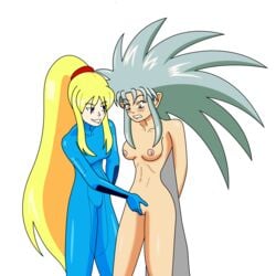 2girls bodysuit breasts crossover female female_only fingering_partner human humanoid long_hair megatronman metroid multiple_females multiple_girls nintendo ryoko_hakubi samus_aran tenchi_muyo! yuri zero_suit