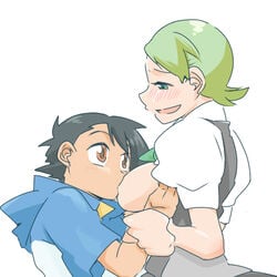 beige_skin black_hair blush breast_sucking breasts brown_eyes cilan_(pokemon) clothes color female green_hair hair human male mei_(mochimon) open_eyes pokemon pokemon_bw round_ears rule_63 satoshi_(pokemon) short_hair side_view sucking teal_eyes white_background