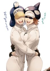 2girls black_gloves breast_press breast_squish breast_to_breast brown_hair canon_genderswap covered_eyes embrace female female_only fully_clothed genderswap_(mtf) gloves hat headwear hug jumpsuit one_piece open_mouth penguin_(one_piece) rule_63 shachi_(one_piece) shaded_face shiku_shiku_no_mi shinto_s short_hair smile sunglasses tinted_eyewear yuri