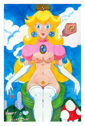 ?_block breasts color crown darkprincearmon day ear_piercing female female_only front_view hair human long_hair mario_(series) nintendo nipples outdoors piercing princess_peach sitting solo super_mario_bros. tagme warp_pipe