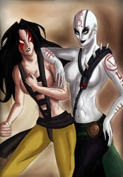 abs black_hair closed_mouth clothes color female female_only grey_skin hair hand_on_hip interspecies mortal_kombat multiple_females multiple_girls open_eyes orange_eyes quan_chi round_ears rule_63 shang_tsung smile tan_skin tattoo