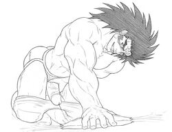 1boy boner cum erection eyeshield_21 foreskin gaou_rikiya hand_on_penis holding_penis long_hair male male_only masturbation monochrome muscular muscular_male penis retracted_foreskin rikiya_gao schizoid smiling_at_viewer solo uncircumcised