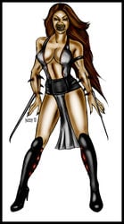 2d baraka boots breasts brown_hair claws clothes color female female_only footwear front_view hair high_heels long_hair looking_at_viewer mortal_kombat open_eyes open_mouth orange_eyes rule_63 sharp_teeth solo standing tan_skin white_background