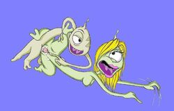 alien alien_girl blonde_hair breasts cyclops disney duo female lilo_and_stitch male medium_breasts multi_tongue nevuela nipples pink_lips pleakley straight tagme tongue