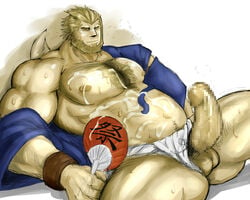 after_ejaculation bara beard big_penis chubby chubby_male cum erection facial_hair final_fantasy final_fantasy_xi fundoshi fundoshi_aside galka male_only musclegut muscular muscular_male navel pecs penile spread_legs stiffy tagme waribashi