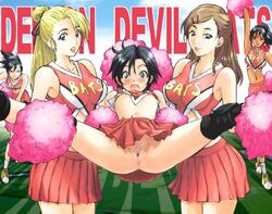 5girls anus blush bottomless braless cheerleader crop_top embarrassed exposed_ass exposed_breasts exposed_pussy eyeshield_21 female_only football_(american) held_up impossible_clothes lifting midriff multiple_girls open_mouth outdoors pussy skirt skirt_lift sports sports_uniform taki_suzuna upshirt upskirt