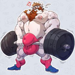 2018 anthro barbell beard body_hair bovine brown_hair bulge cattle chains chest_hair clothing exercise facial_hair facial_piercing footwear hair hairy horn hyper hyper_bulge legwear lock male_only mammal mostly_nude muscular navel nipple_piercing nipples nose_piercing nose_ring pecs piercing shoes socks solo taoren weightlifting workout