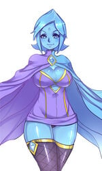 alternate_breast_size alternate_legwear armless blue_eyes blue_hair blue_skin breasts cape cleavage curvy facial_mark female female_only fi fishnet fishnets forehead_mark highres huge_breasts large_breasts legwear maniacpaint minidress no_arms plump skyward_sword smile smiling solo stockings the_legend_of_zelda thick_thighs thighhighs tight_clothes uncensored wide_hips