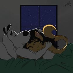 2011 anthro butch_hartman_(copyright) cat cuddling cute dog dudley_puppy fur furry heartwarming interspecies kitty_katswell lying_on_bed night nude on_bed romantic_couple sleeping stars straight t.u.f.f._puppy themauvestorm window