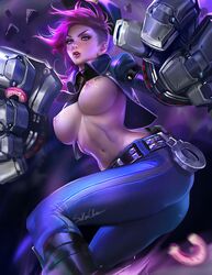 ass belt blue_eyes boots breasts donut earrings female female_only gloves human jacket large_breasts league_of_legends lipstick makeup navel nipples officer_vi open_clothes open_mouth piercing pink_hair sakimichan short_hair tattoo tight_clothing vi