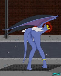 1girls anus blue-skinned_female blue_skin demona disney fab fab3716 female female_only gargoyles humanoid mature mature_female presenting_hindquarters public public_exposure pussy solo tagme wings