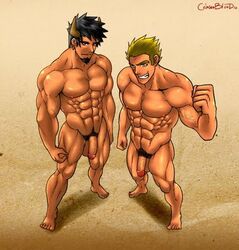 2boys abs balls bara biceps big_pecs black_hair black_pubic_hair blonde blonde_hair blonde_pubic_hair body_hair buff character_request duo earrings erect_nipples facial_hair fist_clenched glans human incubus jaytee looking_at_viewer male male_chest male_focus male_nipples male_only muscle muscles muscular muscular_legs muscular_male naked nipples nude nude_male pants_removed pecs pectorals penis pubic_hair red_eyes sand six_pack topless veiny_muscles veiny_penis yellow_eyes yellow_hair