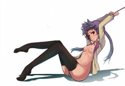 1girls ao_no_exorcist arms_up bondage breasts female female_only hime_eyebrows jacket kamiki_izumo nipples nude panties solo thighhighs