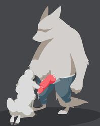 al_(weaver) animal_genitalia animal_penis anthro canine canine_penis caprine clothed clothing duo erection fluffy fluffy_tail kneeling male mammal nobby_(artist) nude pack_street penis precum remmy_cormo sheep topless underwear wolf