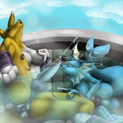 crossover cumming digimon eeveelution fellatio futa_on_futa futanari intersex nintendo orgasm pokémon_(species) pokemon pokemon_(species) renamon the_furfather vaporeon