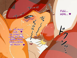 blue_eyes blush censored comic cum cumming deepthroat digimon digital_sex_sleeve english_text facial fellatio female furry guilmon hard_translated heart japanese_text mosaic_censoring no_humans oral renamon rough sindoll text translated