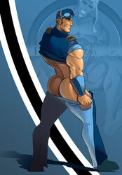 1boy absolutbleu ass back back_view bara biceps big_ass big_butt blue_clothing brown_hair bubble_ass bubble_butt clothed clothing dat_ass huge_ass huge_butt human human_only lazytown legs male male_focus male_only mooning moustache muscle muscles muscular muscular_male mustache pants_down presenting presenting_ass presenting_butt solo solo_focus solo_male sportacus standing thick_ass undressing