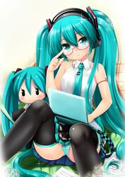 1girls 2d artist_request ass bangs big_breasts black_skirt black_thighhighs blue_hair blue_necktie breasts collared_shirt color female female_only glasses hatsune_miku headset laptop light-skinned_female light_skin long_hair necktie panties pleated_skirt shirt skirt sleeveless sleeveless_shirt solo striped_panties thighhighs twintails vocaloid